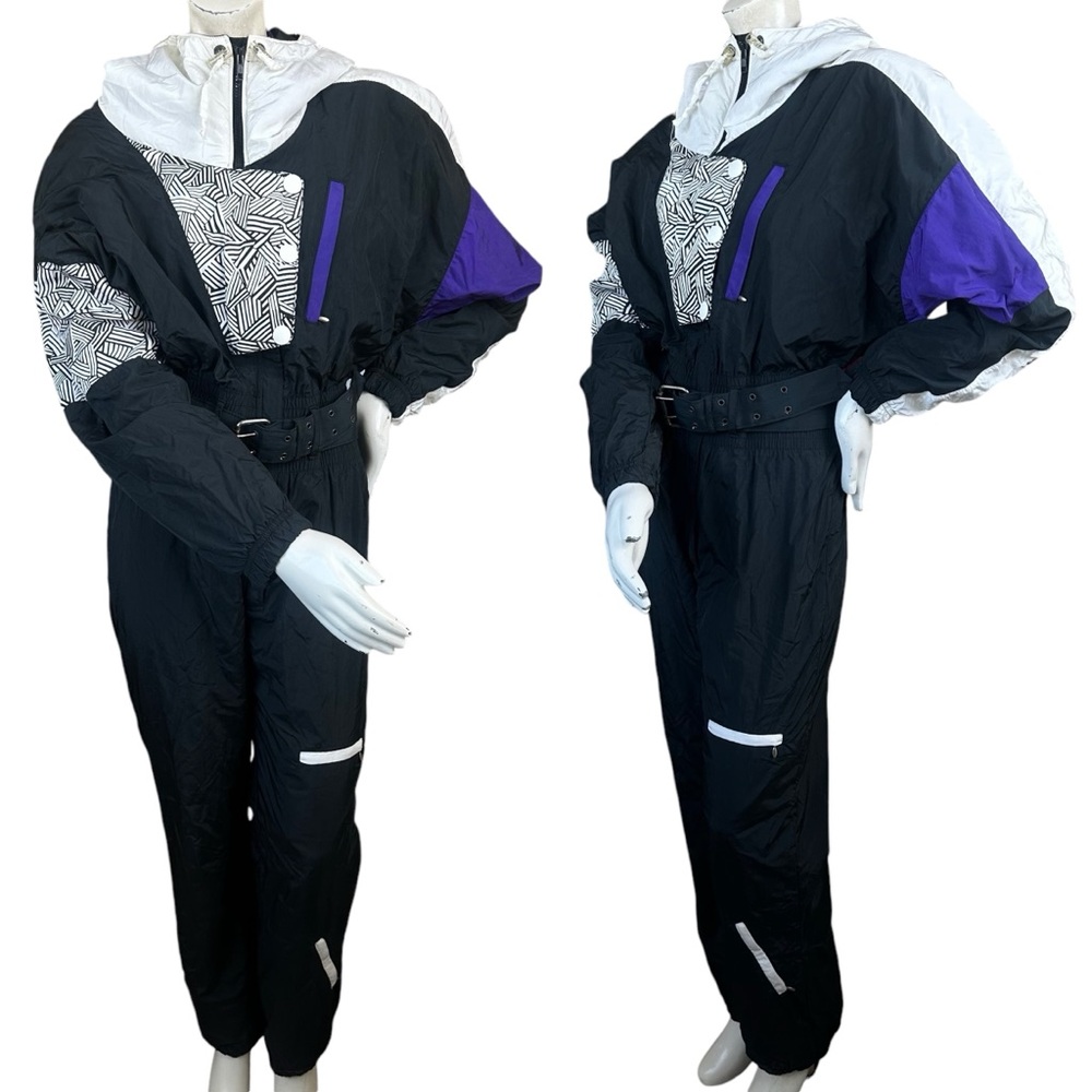 Vintage 80s 90s Serac USA MADE Black & White Purple Geometric Print Snowsuit 12